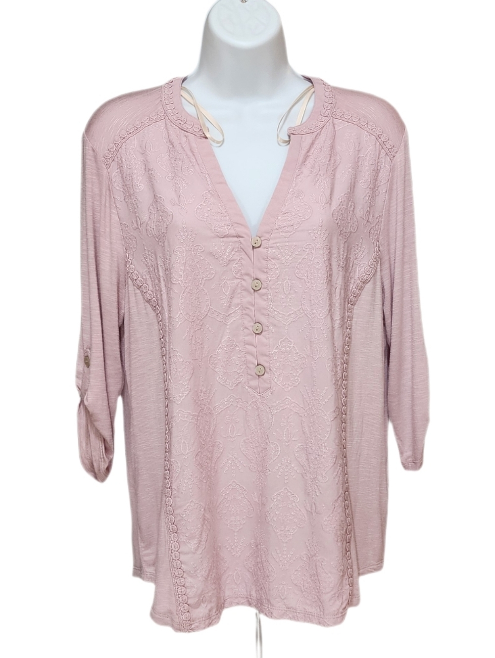 Democracy Embroidered Lace Blouse Top Split Neck Roll Tab 3/4 Sleeves Mauve M